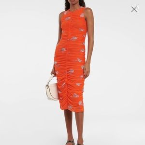 Ganni Orange Printed Ruched Mesh Midi Dress Worn twice 38 S/M